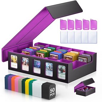 Trading Card Storage Box Case 5 Row 3900 Capacity Magnetic Lid Dividers Dice Black Purple