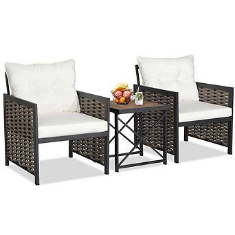 3 pc Patio Rattan Set w/ Acacia Wood Tabletop-White