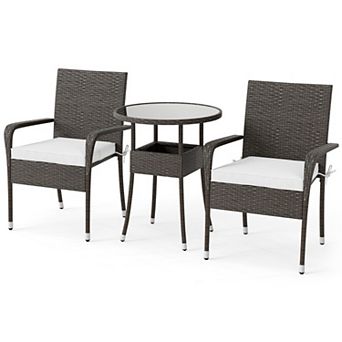 3 pc Patio PE Rattan Wicker Chairs w/ Tempered Glass Top Table-White