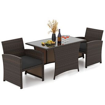 3 pc Patio Wicker Dining Set w/ Rectangle Tempered Glass Table-Brown