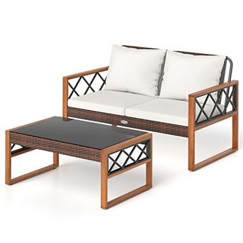 2 pc Patio PE Wicker Furniture Set Outside Conversation for Porch-White