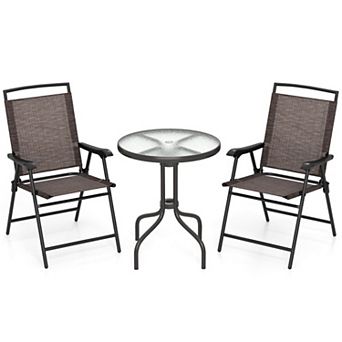 3 pc Patio Round Table + Folding Chairs, Rippled Glass Top