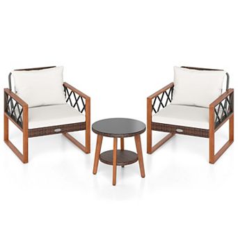 3 pc Patio Set, Glass Top Table + Soft Cushions, Off White