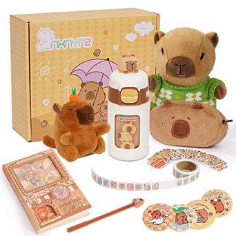 Cute Capybara Plush Set with Stuffed Animal/Cup/Notebook/Bag/Pen/Stickers/Badge/Keychain