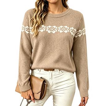 Women Crew Neck Knit Sweater Long Sleeve Soft Casual Pullover