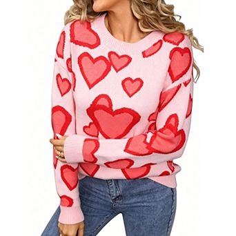 Women Crew Neck Heart Pattern Knit Sweater Long Sleeve Valentines Day Pullover