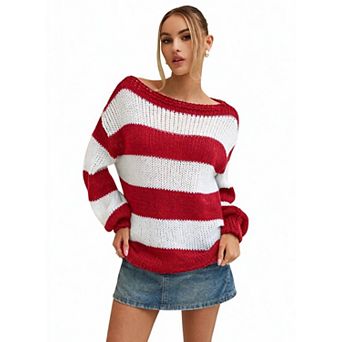 Women's Colorblock Stripe Loose Knit Pullover Sweater Top