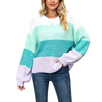 Women Sweater Crew Neck Color Block Striped Knit Pullover