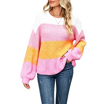 Women Sweater Crew Neck Color Block Striped Knit Pullover