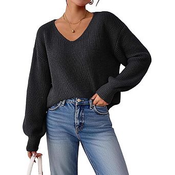Women's V Neck Long Sleeve Loose Pullover Casual Sweater