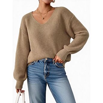 Women's V Neck Long Sleeve Loose Pullover Casual Sweater