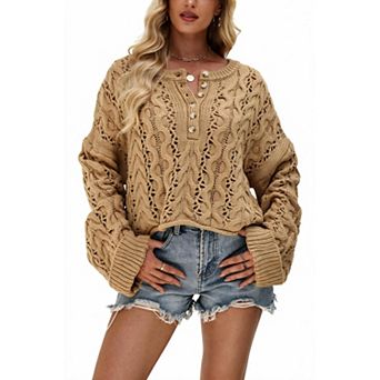 Women's Crew Neck Long Sleeve Loose Knit Pullover With Front Buttons