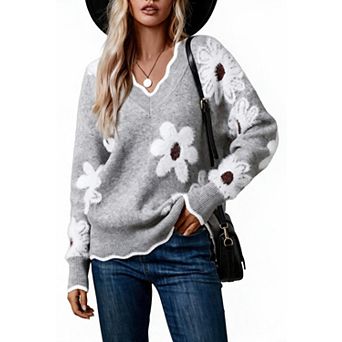 Women's V Neck Long Sleeve Floral Print Pullover Knit Sweater