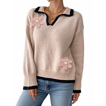 Women's Contrast Collar Floral Long Sleeve Pullover Sweater Top