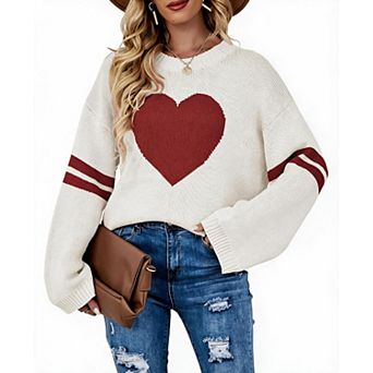 Women's Heart Graphic Crew Neck Long Sleeve Loose Pullover Sweater