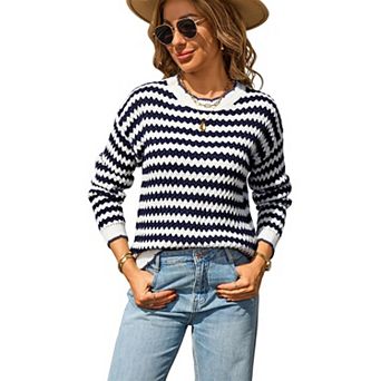 Women's Striped Contrast Crew Neck Long Sleeve Pullover Sweater