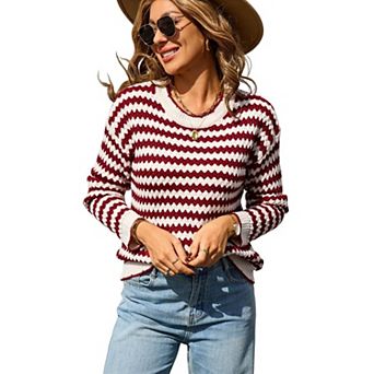Women's Striped Contrast Crew Neck Long Sleeve Pullover Sweater
