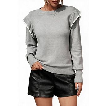 Women's Ruffle Trim Crew Neck Loose Knit Pullover Sweater