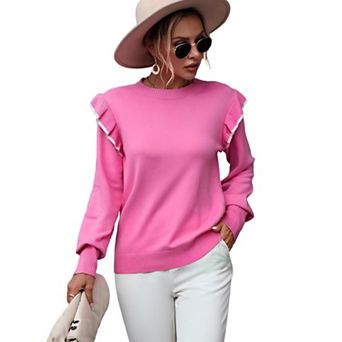 Women's Ruffle Trim Crew Neck Loose Knit Pullover Sweater