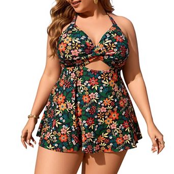Women One‑Piece Halter V‑Neck Twist Cutout Bathing Suit Skirted Swim Dress for Beach Vacation