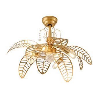Lanmate Leaf Caged Ceiling Fan With Lights Crystal Accents Metal Frame Fan For Living Room Bedroom