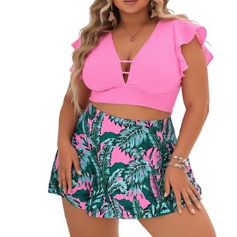 Two‑Piece Women Swimsuits Ruffle Sleeve V‑Neck Cutout Skirted Bathing Suit for Beach Vacation