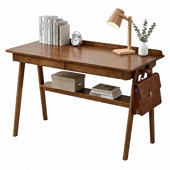 GOODSILO Solid Wood Writing Desk with 2 Drawers and Storage Shelf for Home Office Small Spaces