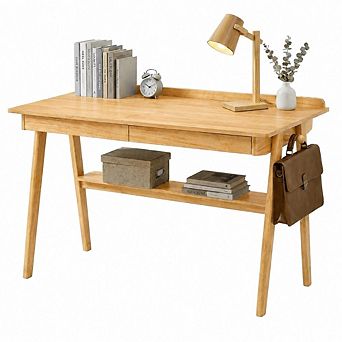 GOODSILO Solid Wood Writing Desk with 2 Drawers and Storage Shelf for Home Office Small Spaces