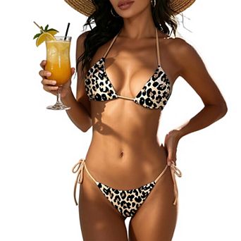 Women 2 pc Bikini Set Halter Triangle Top Side Tie Bottom Printed Swimsuit for Beach Vacation