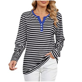 Women Long Sleeve Striped Henley Shirts Notched V‑Neck Casual Loose Fit Tunic Blouse Top