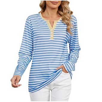 Women Long Sleeve Striped Henley Shirts Notched V‑Neck Casual Loose Fit Tunic Blouse Top