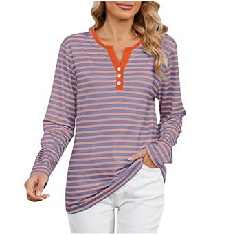 Women Long Sleeve Striped Henley Shirts Notched V‑Neck Casual Loose Fit Tunic Blouse Top