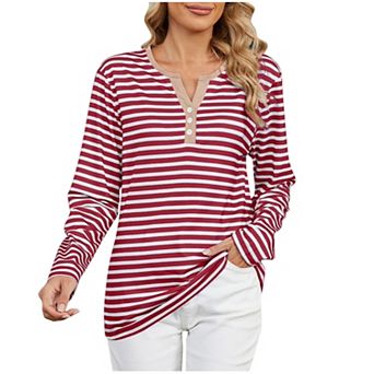 Women Long Sleeve Striped Henley Shirts Notched V‑Neck Casual Loose Fit Tunic Blouse Top