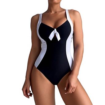 Women One‑Piece Swimsuit, Front Bow Color Block Bathing Suit, Tummy Control Swimwear for Beach Pool