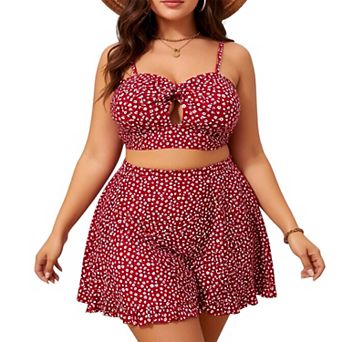 Women 2 pc Swimsuit, Knot Front Cutout Tankini Top, High Waist Ruffle Swim Skirt Bathing Suit
