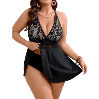 Women 2 pc Tankini Swim Dress V‑Neck Lace Halter Top A‑Line Skirted Swimsuit with Triangle Bottom