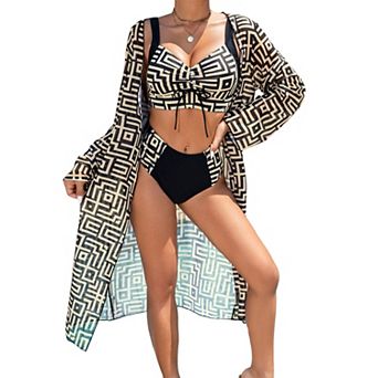 Women 3 pc Bikini Drawstring V‑Neck High Waist Swimsuit Long Sleeve Cover Up for Beach Vacation