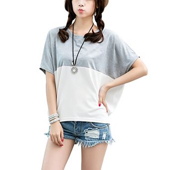Women Color Block Short Sleeve T‑Shirt, Crew Neck Batwing Sleeve Loose Fit Casual Blouse Top