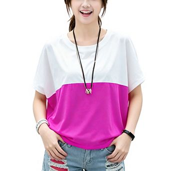 Women Color Block Short Sleeve T‑Shirt, Crew Neck Batwing Sleeve Loose Fit Casual Blouse Top