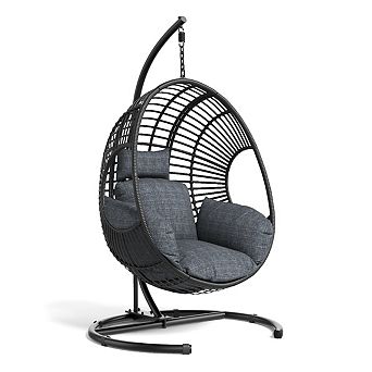 Eazegath Outdoor 42'' Wide U-Base Single Rattan Hanging Egg Swing Chair with Cushion and Rain Cover