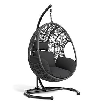 Eazegath Outdoor 42'' Wide U-Base Single Rattan Hanging Egg Swing Chair with Cushion and Rain Cover