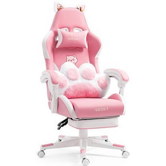 Cat Ears Pink PU Leather Ergonomic Reclining Office Chair with Footrest, 6-Position Recline