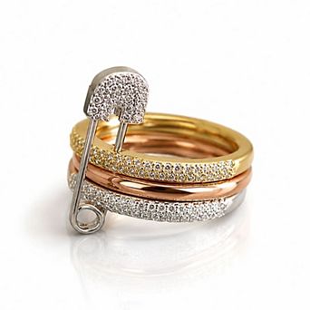 Jewels by Sunaina AURA Ring Set 18K Gold Plated Brass with Zircon Stone Safety Pin Design