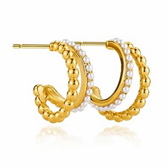 Jewels by Sunaina Moti Pearl Hoop Earrings for Women, 18K Gold Plated Stainless Steel Layered