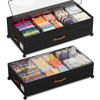 Underbed Storage Containers with Wheels, Fabric Under Bed Toy Organizer with Clear Lid, 2-Pack