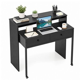 Extendable Computer Desk with 2 Drawers, Home Office Desk with Pull Out Secondary Desk