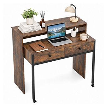 Extendable Computer Desk with 2 Drawers, Home Office Desk with Pull Out Secondary Desk