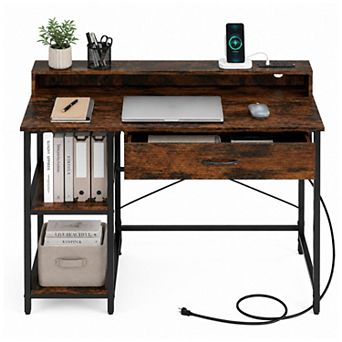 42 Inch Computer Desk with Drawer & USB Power Outlets, Home Office Desk with Storage Shelves