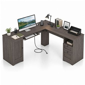 66" Farmhouse L Shaped Desk with Power Outlets, Large Computer Desk with Drawers, Home Office Desk