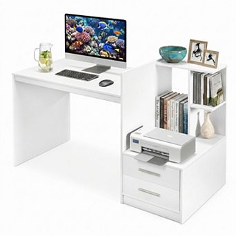 51" Modern Computer Desk with Bookshelf and 2 Drawers, White Laptop Desk, Writing Study Desk